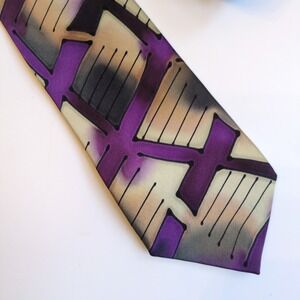 Robert Daskal Hand Painted Silk Tie Abstract Geometric Purple Tan Artist Signed
